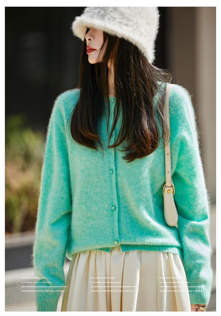 Women's Korean-Style Brushed Wool Cardigan - Round Neck, Chic Knit Outerwear Sweater, New for 2025.