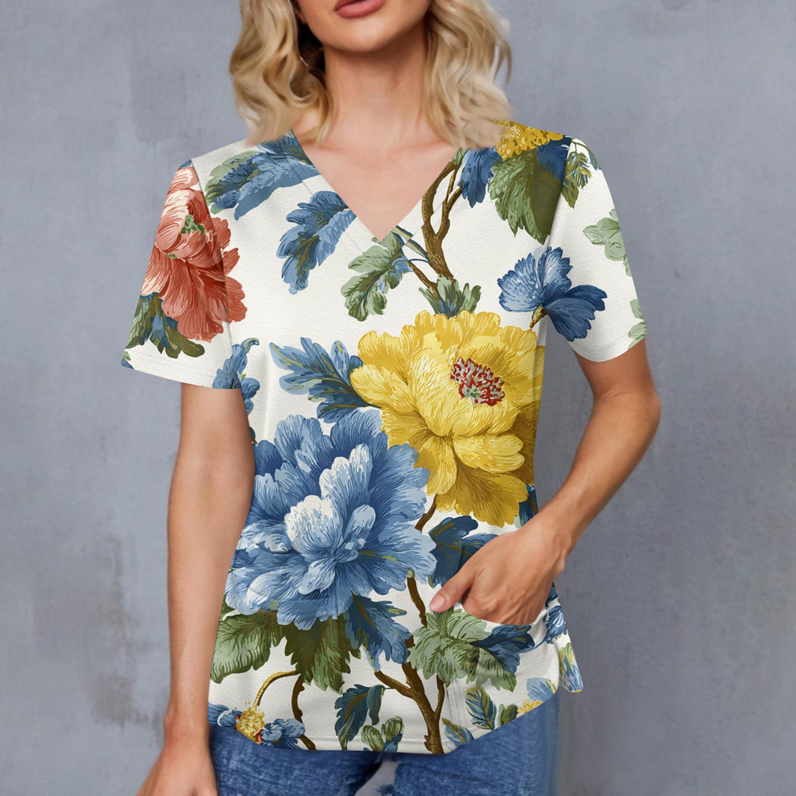 

Women s Retro Printed V-Neck Double Pocket Short Sleeves Hem Slit Uniform Caregiver Top XL белый