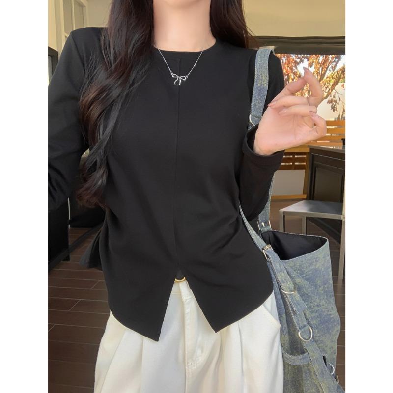 Autumn new split hem long-sleeved T-shirt women's slim inner bottoming shirt black top
