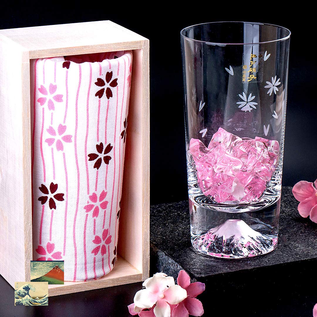 

Fuji glass, Tajima glass, Sakura Fuji tumbler glass, in a paulownia wood box, with postcard of Fugaku Sanjurokkei (Thirty-six views of Mt. Fuji)