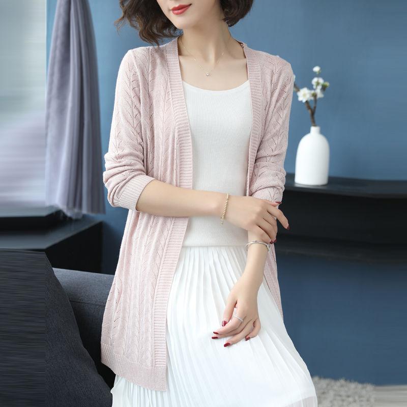 

Весенне-осенний женский вязаный кардиган поверх тонкого пальто средней длины XXXL светло-розовый