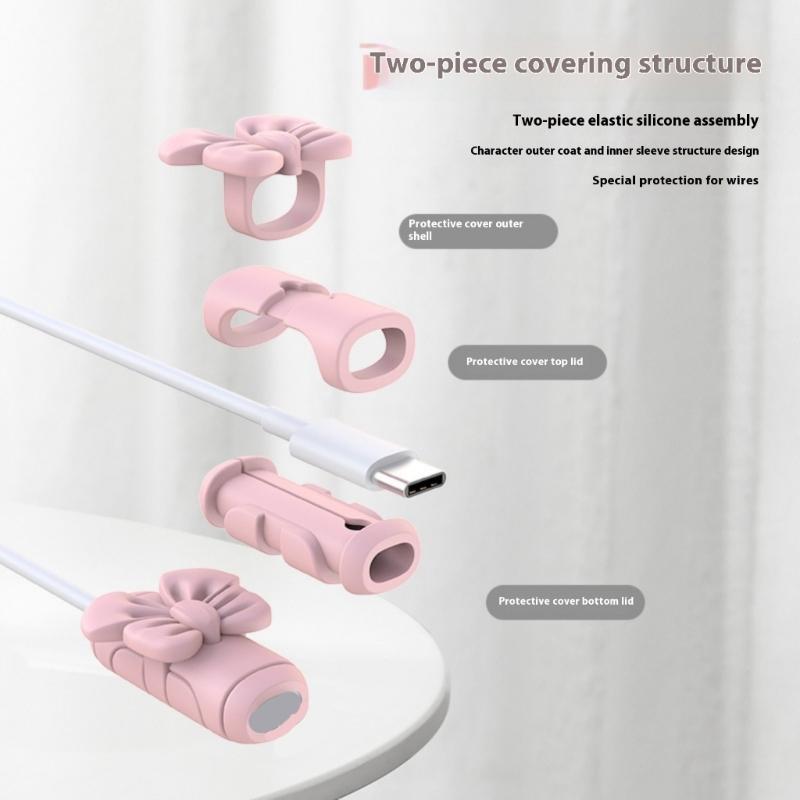 2 Pairs Silicone Charging Cable Protectors with Bowknot Design Fashionable Phone Accessories Wire End Guards for Cord