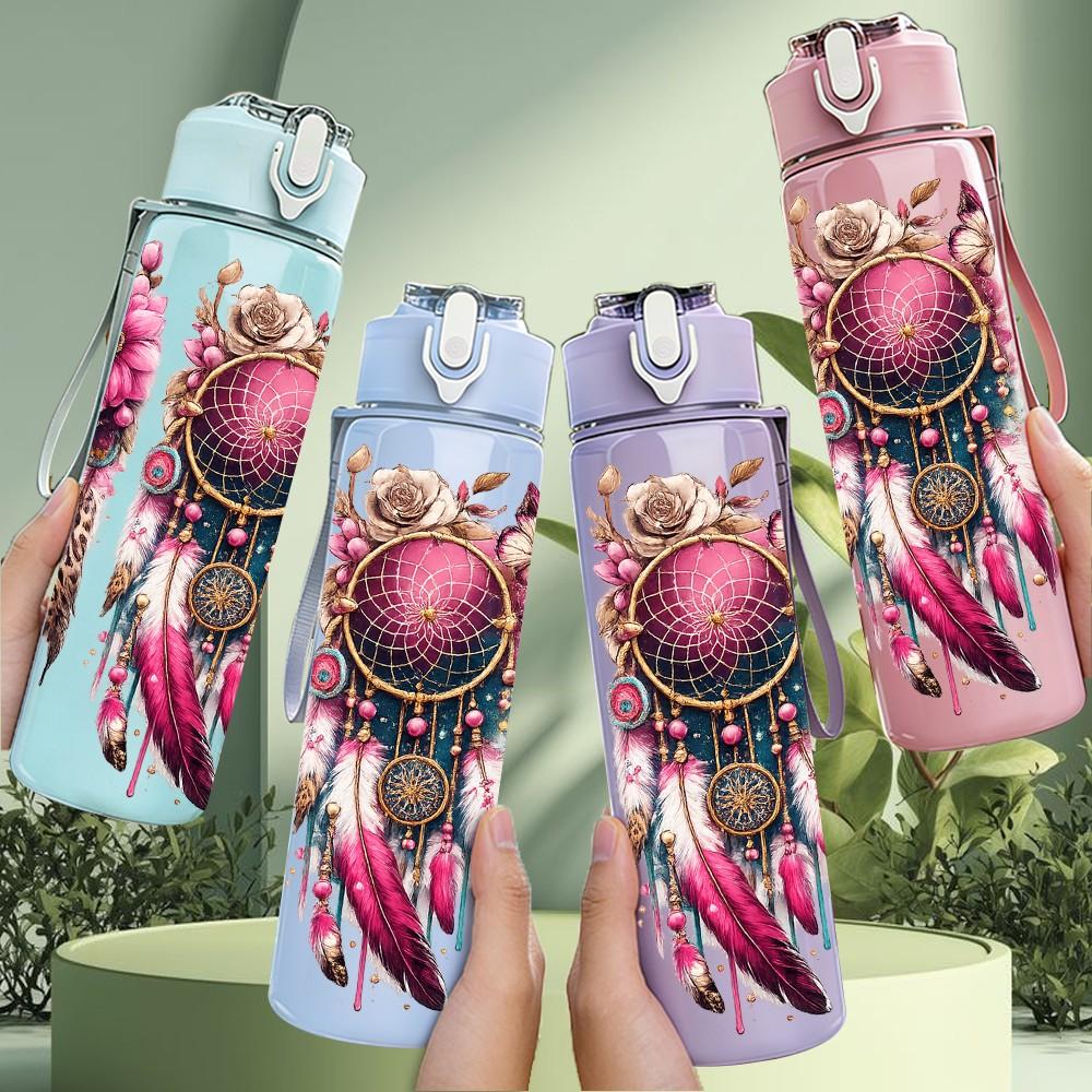 1PC Bohemian Color Flower Print 750ml Color Plastic Sports Water Bottle Leakproof Flip Straw Lid Suitable for Sports Office Home Use