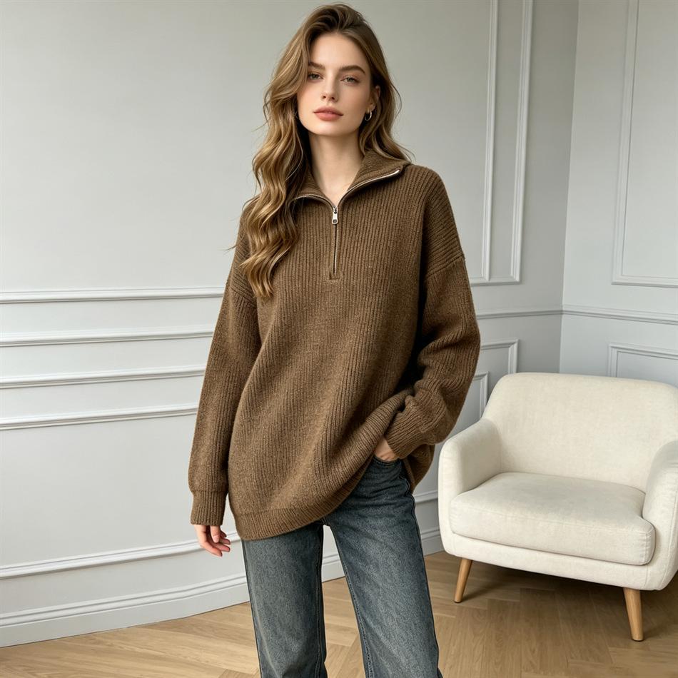 Solid color half-zipper lapel sweater women's soft waxy autumn and winter new loose and lazy outer wear pullover knitted top