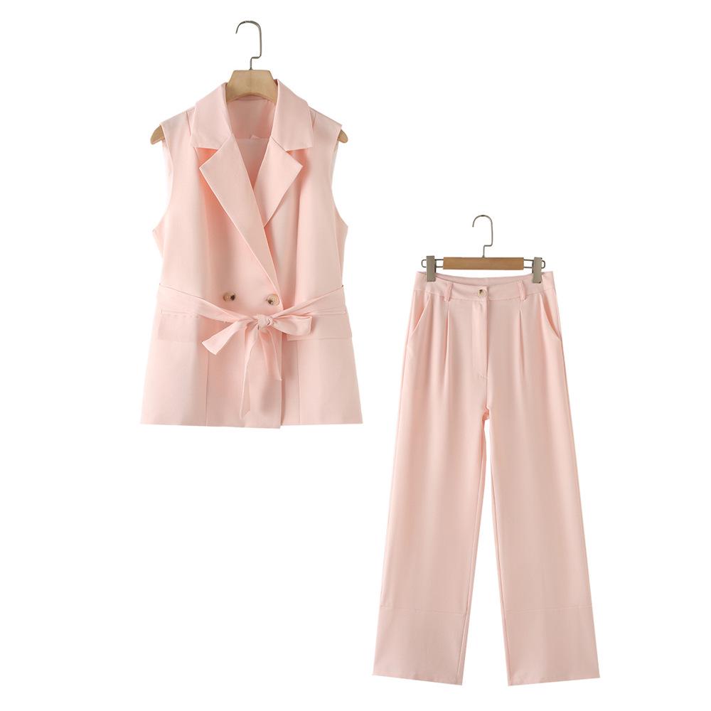 

2024 Autumn/Winter Women s Sleeveless Belted Vest & Long Pants Set Medium рожевий