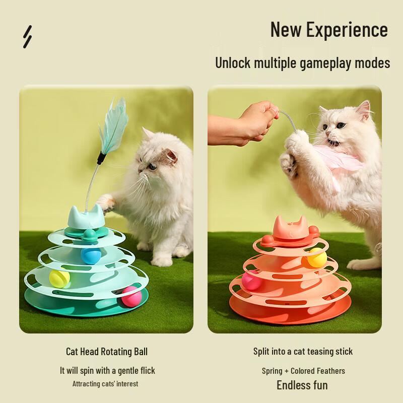 JiHang Cat Toy Multi-Layer Rotating Ball Tower with Feather Teaser