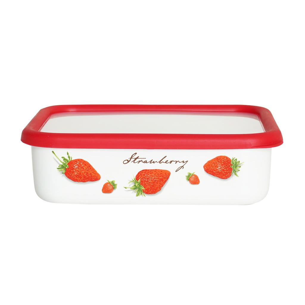 Fuji Enamel Storage Container, Shallow, Square, Medium, Strawberry, with Lid, Stackable, Oven Safe
