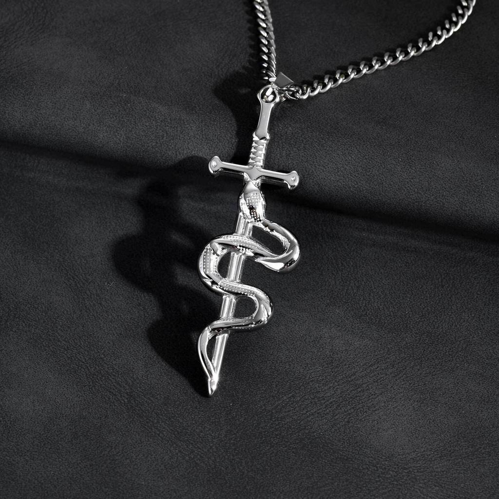 Vnox Stainless Steel Punk Cross Snake Pendant Necklace for Men, Cuban Chain Silver Color Snake Necklaces, Daily Jewelry Gifts