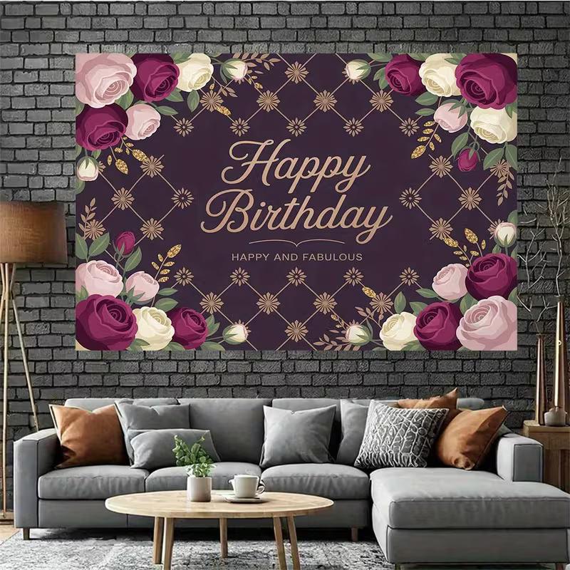 2D Lila Blumige Geburtstagskulisse, Happy Birthday Rosen-Party Hintergrundtuch