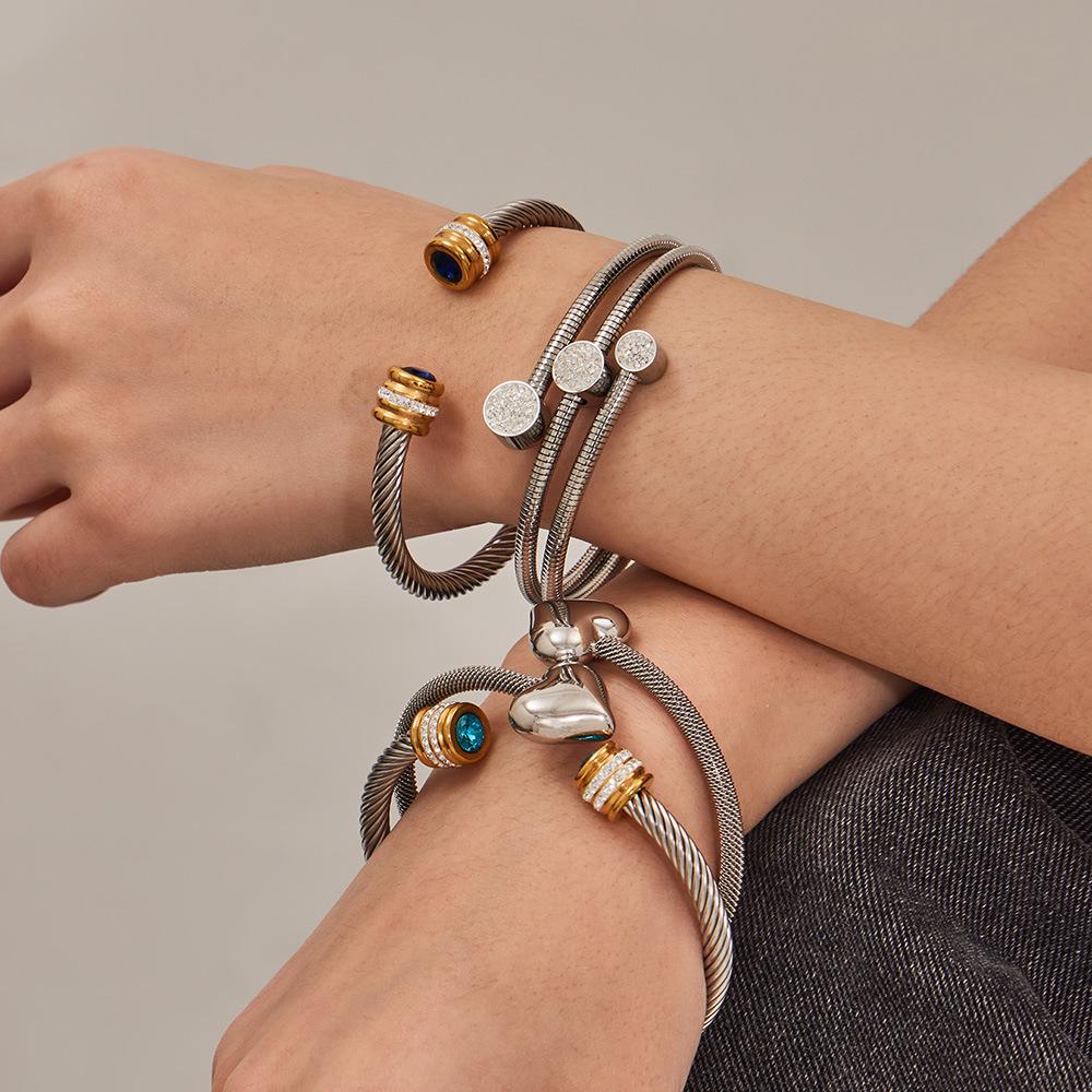 European and American fashion light luxury jewelry bracelet set with zirconia, stainless steel elastic open bangle