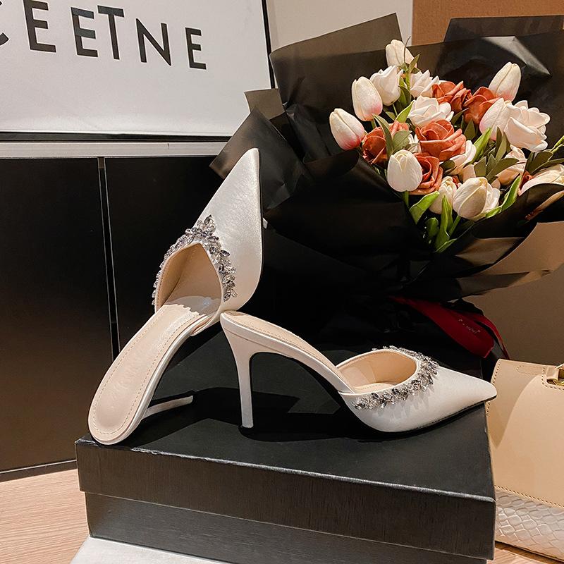 Black Satin Pointed Rhinestone High Heels 2025 Spring New Internet Celebrity Sexy Thin Heel Bag Head Cool Slippers Women