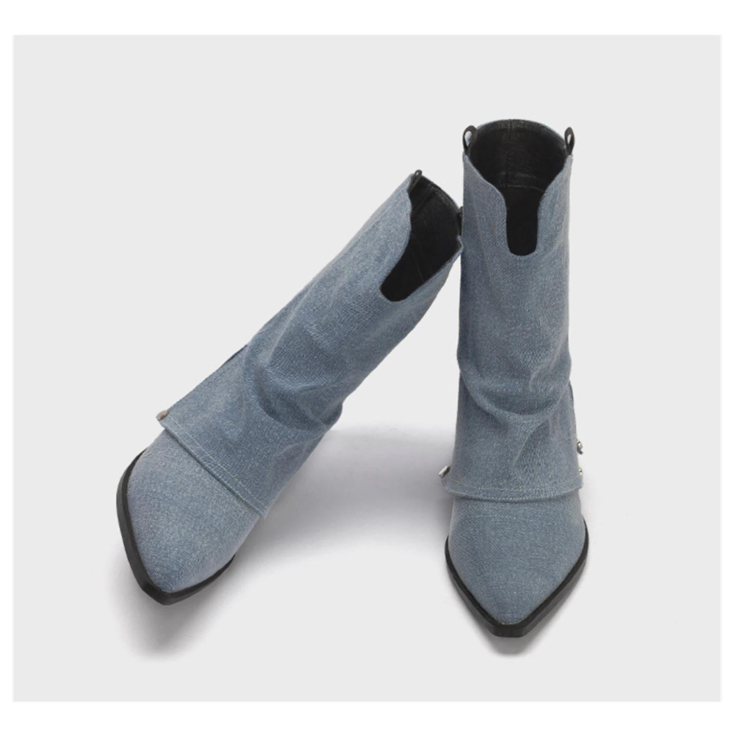 

Большой размер 40, женские ботильоны до середины икры с острым носком на толстом высоком каблуке, черные джинсовые ковбойские сапоги-акулы для женщин 40