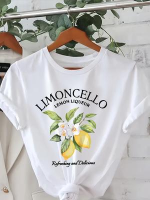 Vibrant Lemon Print Short Sleeve Crew Neck T-Shirt  Women's Casual Summer  Spring Top Comfortable Clothing for Ladies Trendy