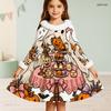 Girls High Neck Long Sleeve Pumpkin Crow Rose Printed A Line Dress