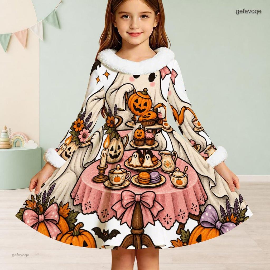 Girls High Neck Long Sleeve Pumpkin Crow Rose Printed A Line Dress