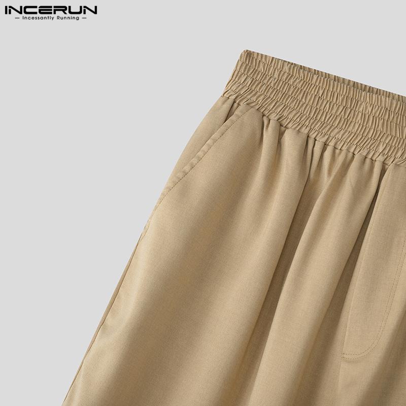 INCERUN Men High Elastic Waist Ruffled Casual Loose Long Trousers Pants With Pockets