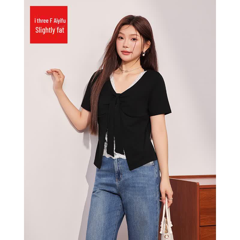 IEF Plus Size Women s Slimming Lace Patchwork Faux Two-Piece Short Sleeve Top M