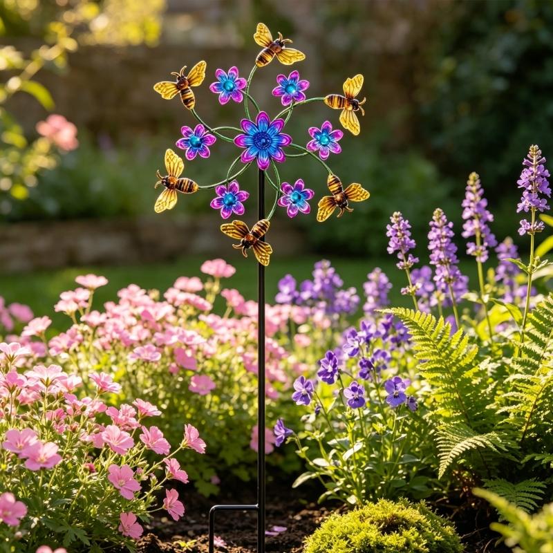 Garden Wind Wheel Stake Metal Yard Display Flower Garden Spinner Stake with Iron Frame for Lawn, Entry Side, and Home Garden Placement