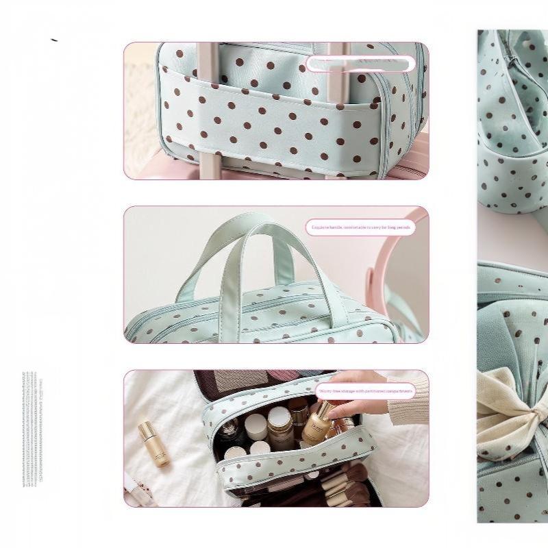 Polka Dot Cosmetic Bag Large Capacity Pu Waterproof Travel Toiletry Organizer Three-Layer Partition Travel Storage Bag