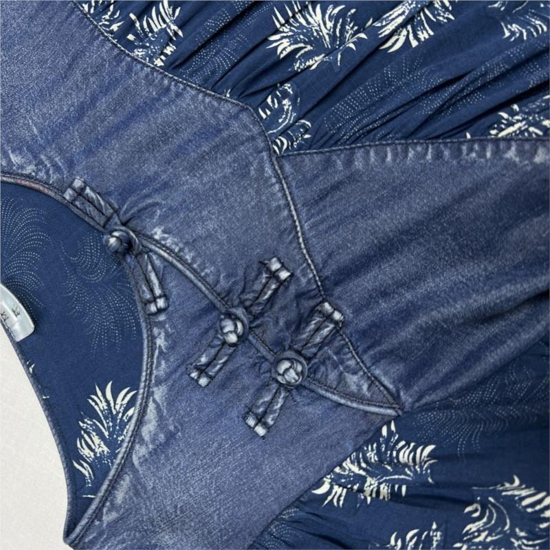 Johnature Chinese Style Disc Buckle Print Dress Summer Woman Loose Splicing Cotton Half Sleeve O-Neck Dress