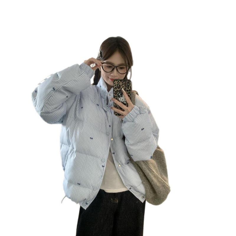 Wind striped bow cotton clothes winter new design sense versatile thickened warm jacket blue tide