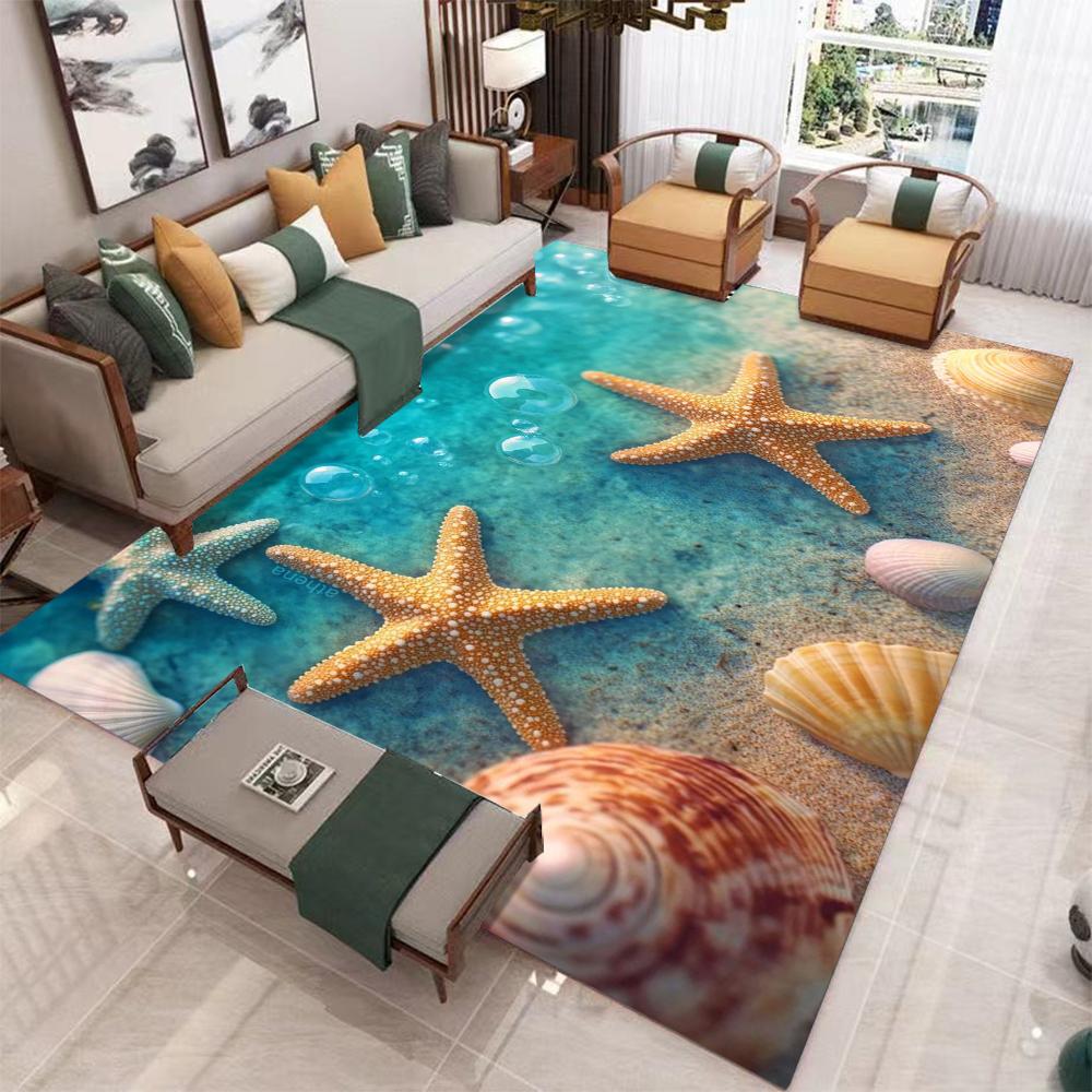 Nautical Coastal Bath Rug Starfish Seashell Coral Beach Ocean Themed Bathroom Kitchen Flannel Non-Slip Mat Indoor Decor Carpet