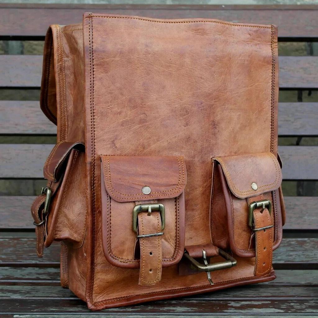 New Genuine Brown Men's Leather Goat Bag Laptop Rucksack Vintage Travel Backpack