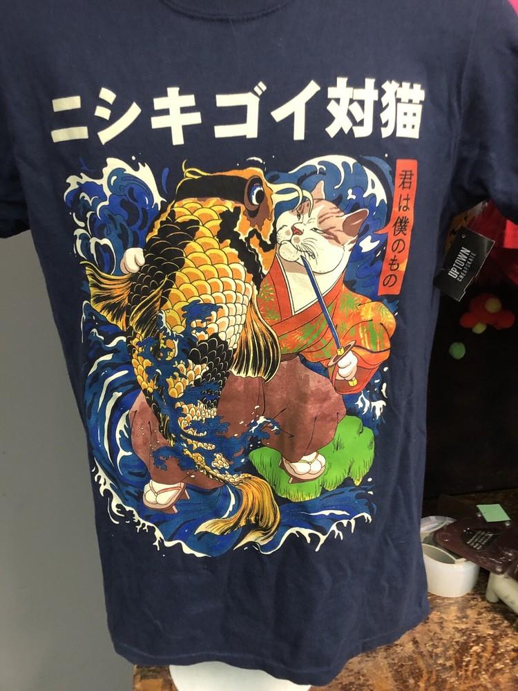 The cat and the Koi Cat gets his Sushi Samurai Style Blue Small T-shirt New Unisex T-Shirt S