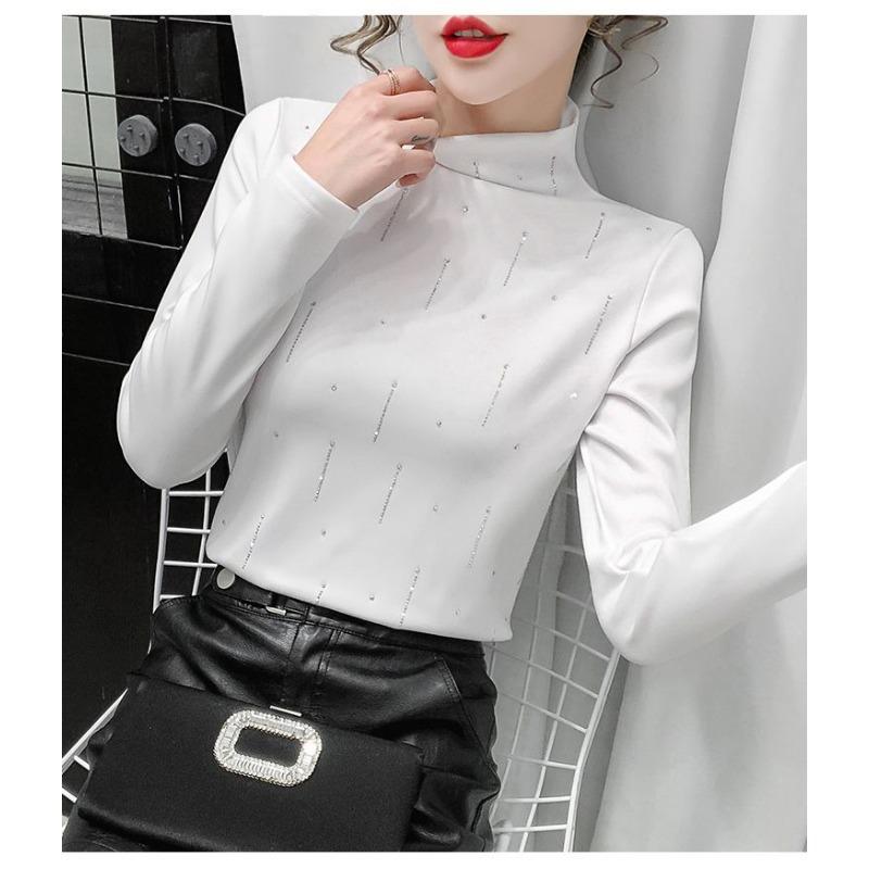 Catifea Germană Față-Verso Gât Mediu Înalt pentru Femei Tricou cu Mânecă Lungă din Catifea Plus Toamnă Iarnă Top cu Incrustații de Diamante