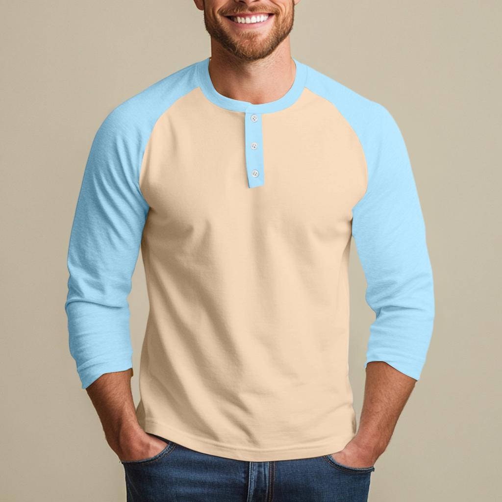 Men's Button-Down Contrast Raglan 3/4 Sleeve Top
