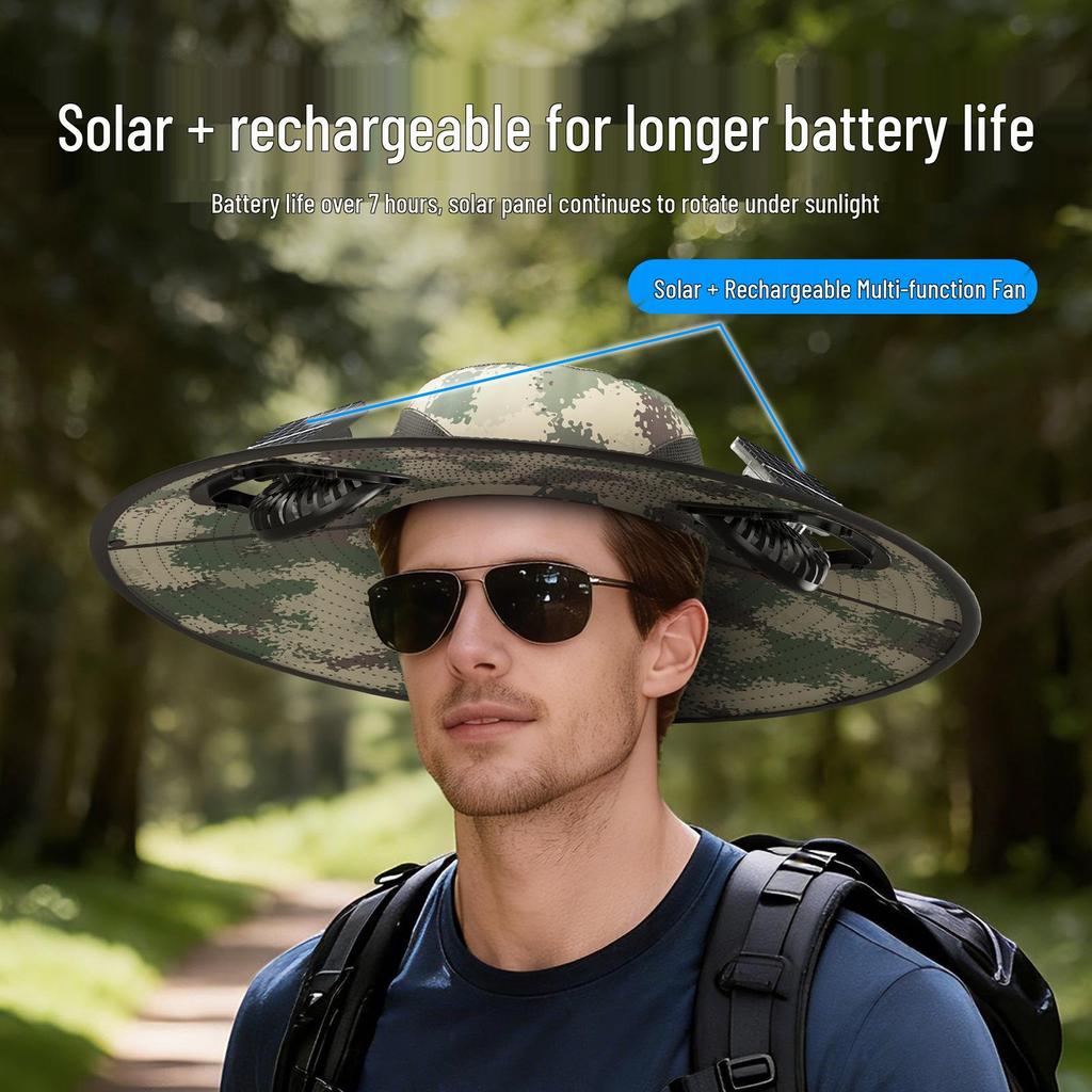 Solarbetriebener UV-Schutz-Fischer- und Wanderhut mit Doppelventilator