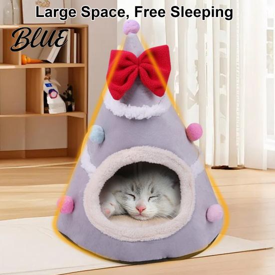 Soft Cat Cave for Winter Christmas Tree Bed, Plush Bed with Removable Cushion, Non-slip Cozy Pet Bottom, House Indoor Cats Kittens Holiday Decoration