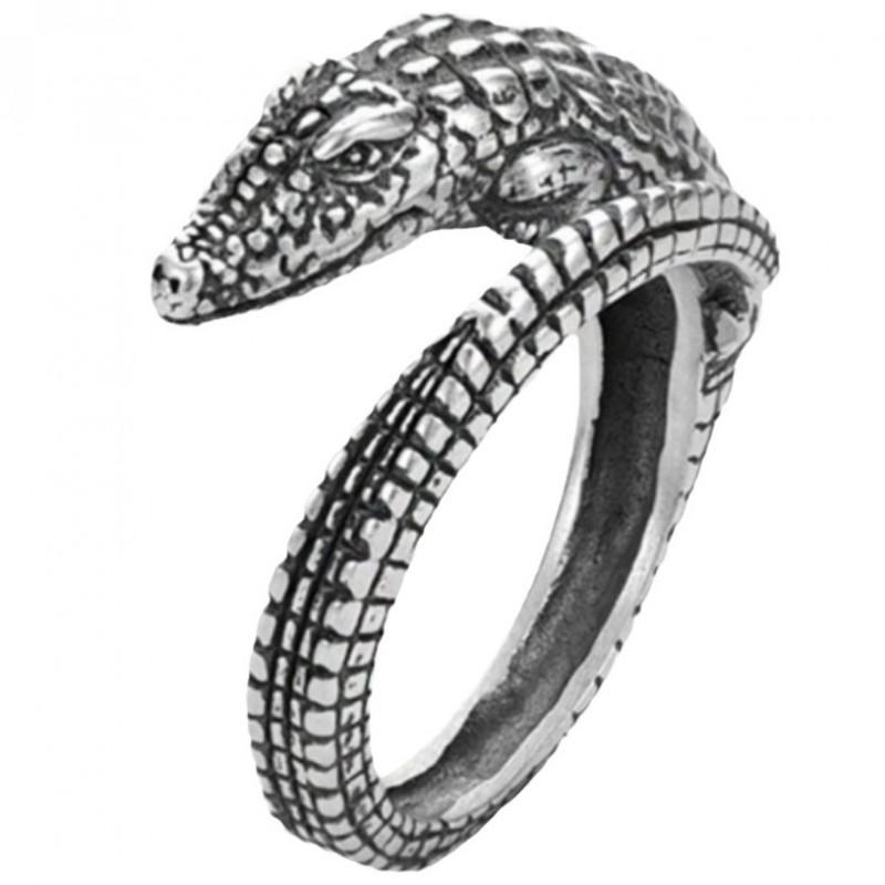 Anel Aberto Ajustável Masculino Feminino Prata Esterlina Design de Crocodilo Vintage Minimalista Joia Statement
