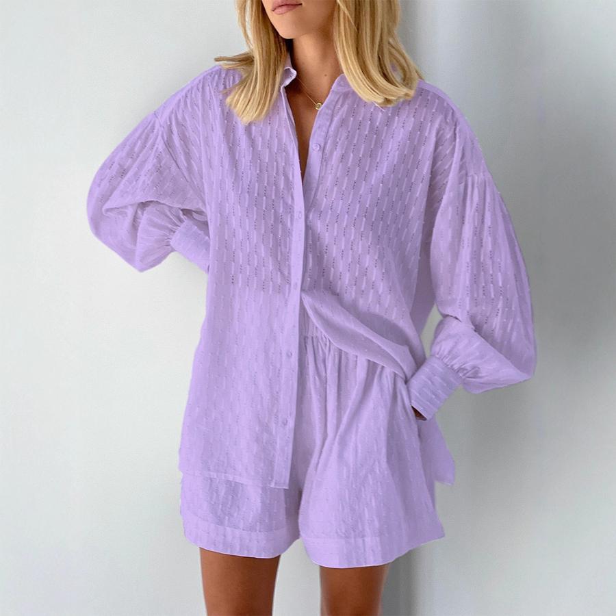 Autumn Women's Clothing Set - Floral Tie-Dye Bubble Sleeve Shirt & Shorts Outfit for Work & Casual Wear