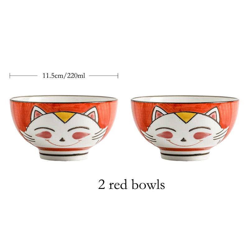 Set of 2pcs Cartoon Cat Bowl Ceramic Rice Bowl Cute Kitten Design Salad Bowl Maneki Neko Gift Household Dinnerware 4.5 Inch