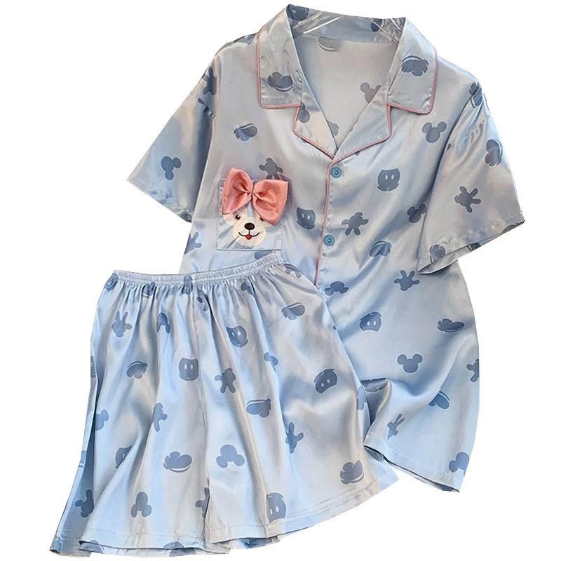 Summer Pajamas Women'S Short Sleeves Cute Large Size Wind Simulation Silk Shorts Set Advanced Sense