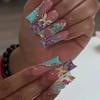 24Pcs Green French Fake Nails With Diamond Gold Butterfly Elegant Long Square Acrylic Artificial Press On Nails