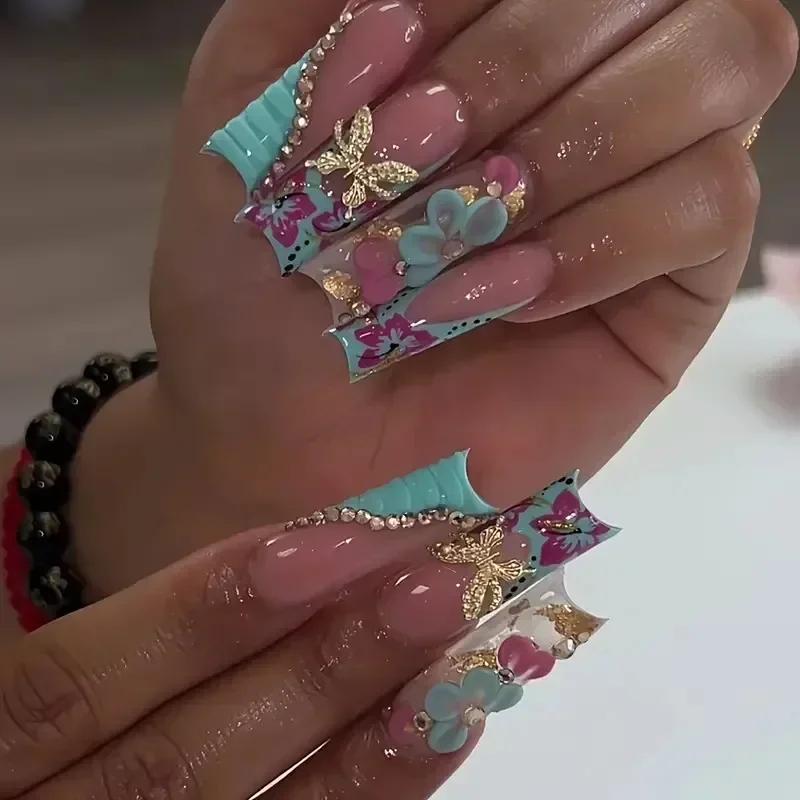 24Pcs Green French Fake Nails With Diamond Gold Butterfly Elegant Long Square Acrylic Artificial Press On Nails