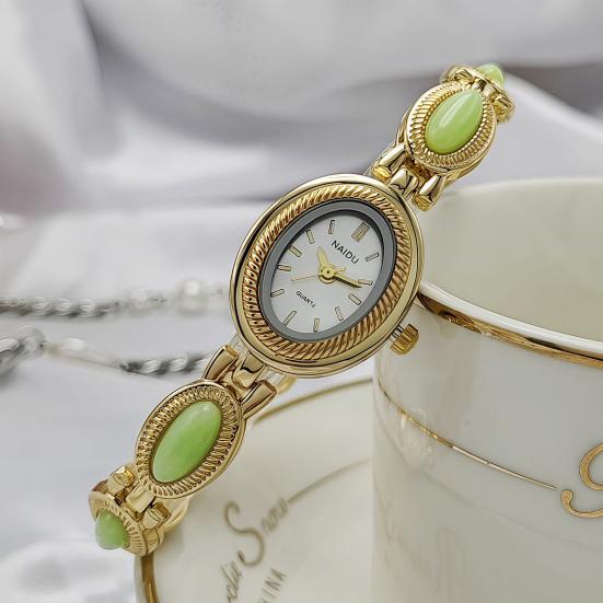 Faux Gemstone Bracelet Watch Ladies Vintage Oval Dial Wristwatch Elegant Quartz Watch Gift for Her Girlfriend Mom Wife