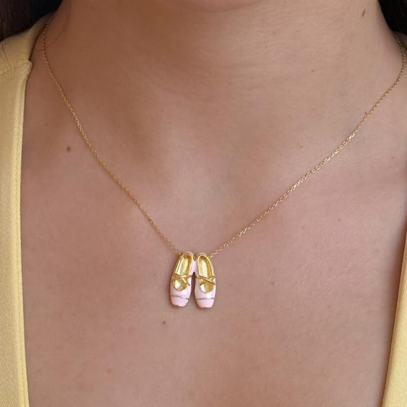 Romance Pink Ballet Shoe Necklace with Diamonds Accent for Sweet and Elegant Women's Fashion Accessory