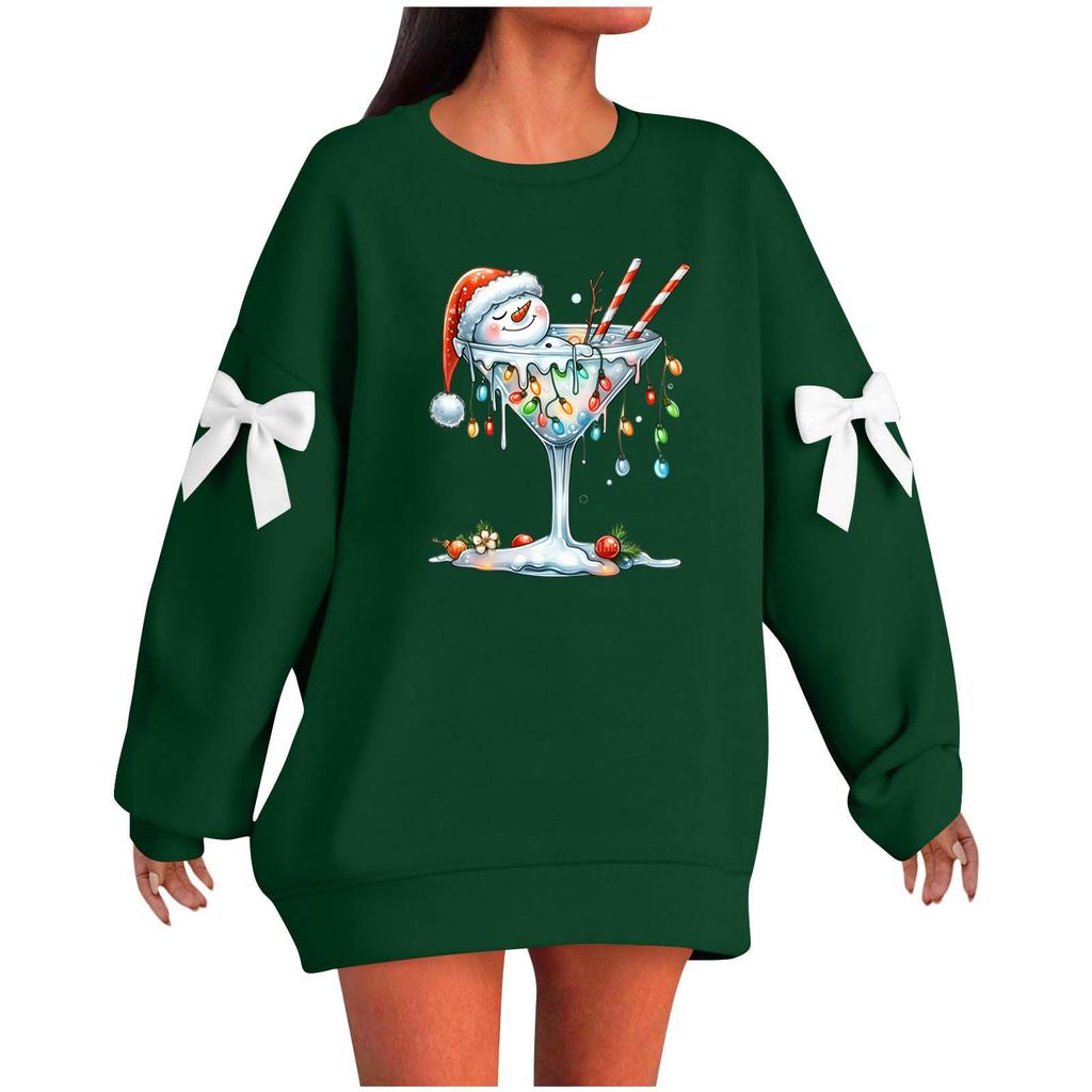Ladies' Christmas Printed Bow Round Neck Long Sleeved Loose Pullover Sweater Sweatshirt Top
