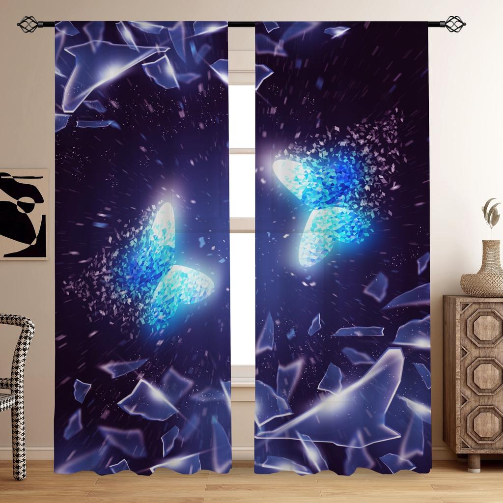 2 Stück Lila Und Blau Kristall Schmetterling Blumen Bedruckt Vorhangstangentasche Montage Digital Gedruckte Vorhänge Für Wohnzimmer Kleidung