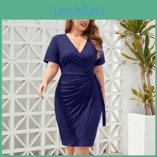 Women Vneck Short Elegant Sleeve Dress High Waist Side Laceup Pleated Plus Size Kneelength Gown Dress Streetwear