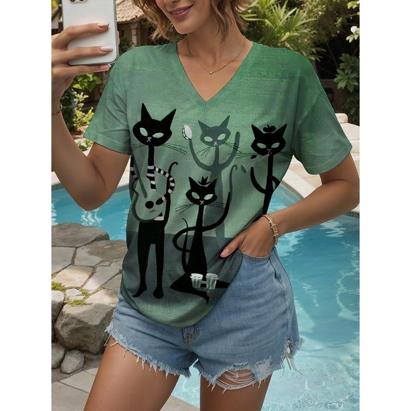 Women's T Shirt Graphic Animal Cat Vintage Stylish Classic Short Sleeve V Neck Regular Tops Daily Print Dusty Rose