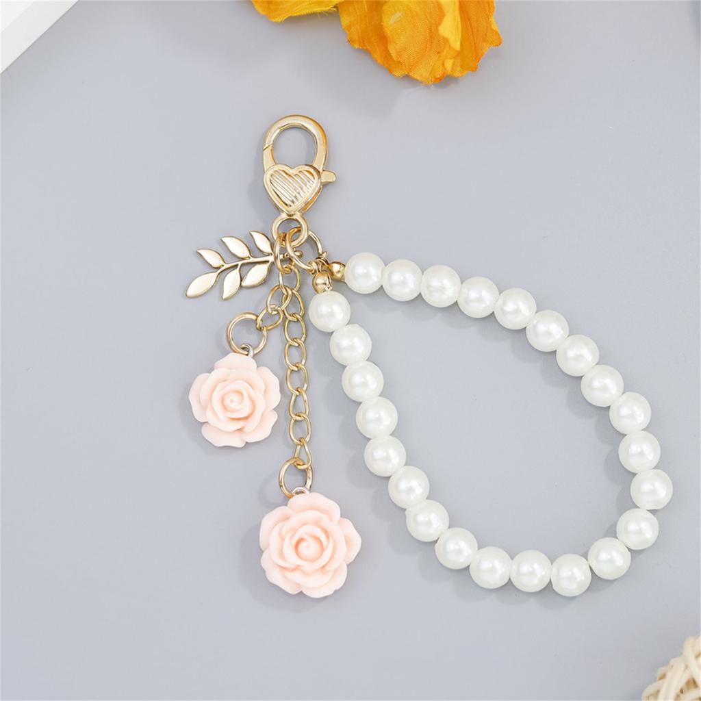 Stylish Faux Pearls and Rose Key Holder Beaded Key Chain Bag Charm Lightweight Keychain Ornament for Women Girls
