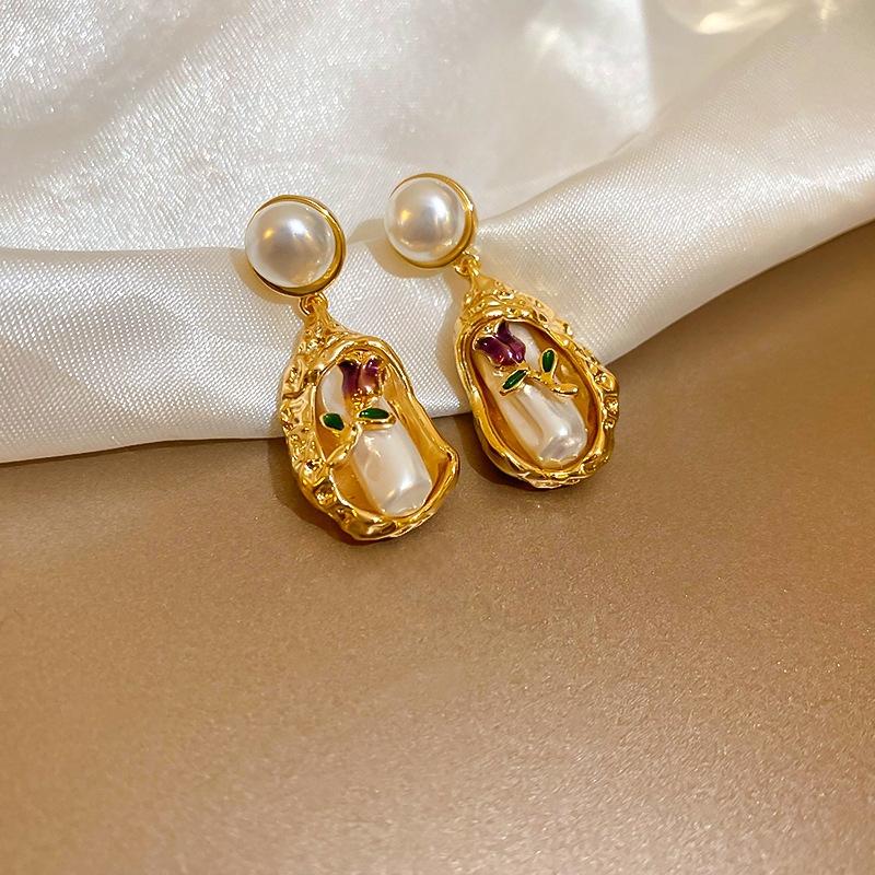 Mode Vintage Ölgemälde Stil Imitiert Barock Perlenblumen Ohrringe Tropfglasur Ohrring Damen Zart Hochwertige Accessoires