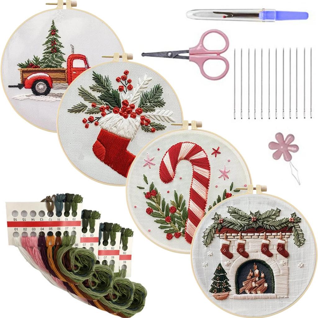 4 Pack Embroidery Starter Kit with Christmas Patterns Cross Stitch Kits with Embroidery Hoop Needles Threads Instruction