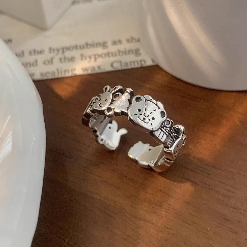 Cartoon Anime Gingerbread Bear & Rabbit Women's Christmas Open Ring