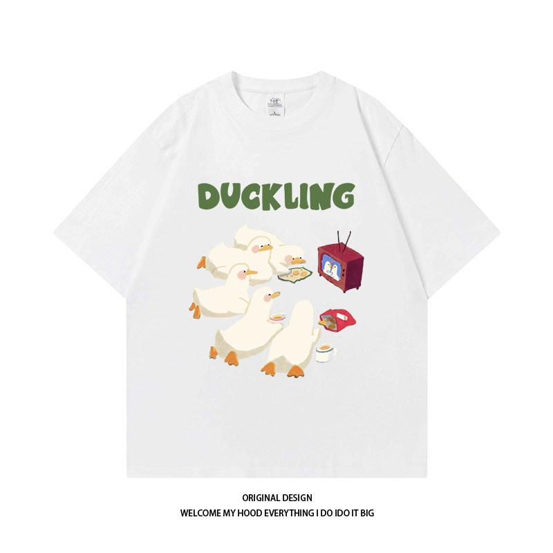 Pure Cotton Fun Tv Watching Duck Printed Couples Identical Style Streetappropriate Loose Retro Shortsleeved Tshirt