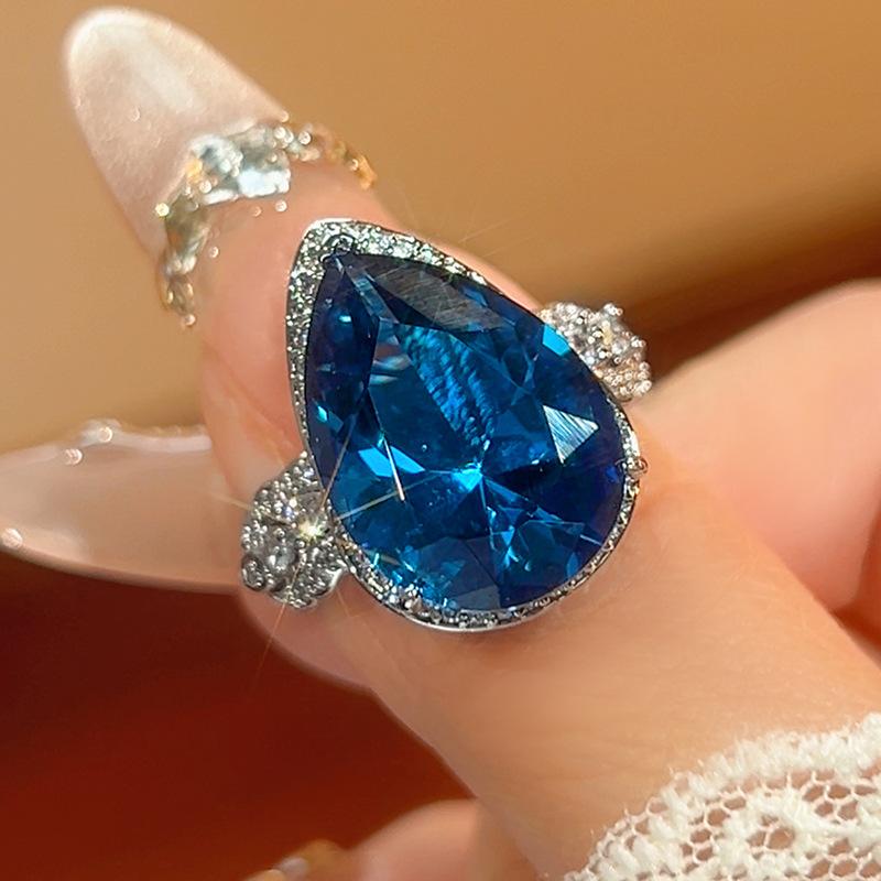 Jewelry Copper Ring Women'S Water Drop Shaped Ruby Sapphire Light Luxury Premium Sense